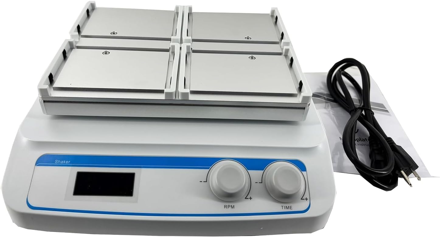 Digital Microplate Shaker for 4 Microplates with DC Brushless Motor Time Set Range 99h59min Speed Range(RPM) 100-1600 Orbital Shaking Mode Amplitude(mm) 3
