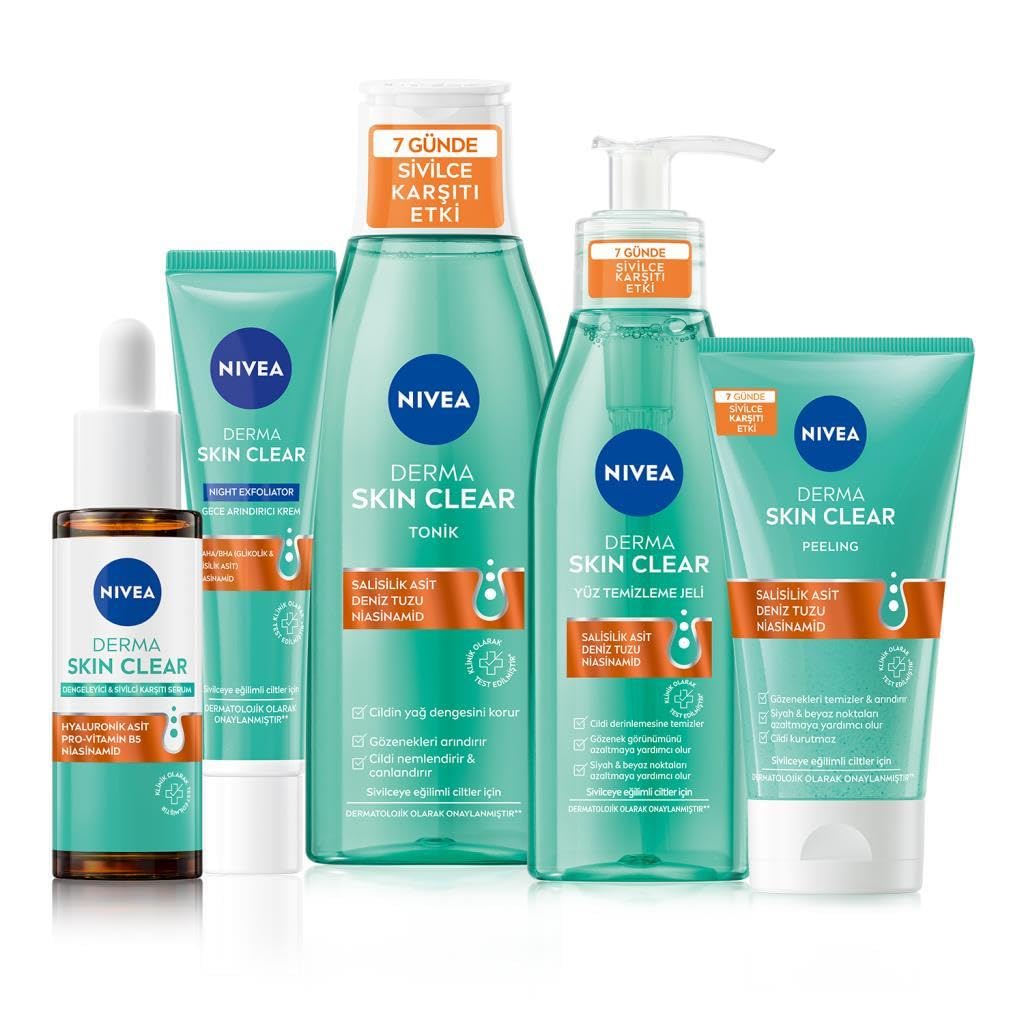Sivilve Karşıtı Cilt Bakım Seti, Derma Skin Clear Serum,Yüz Temizleme Jeli,Tonik,Peeling,Gece Kremi