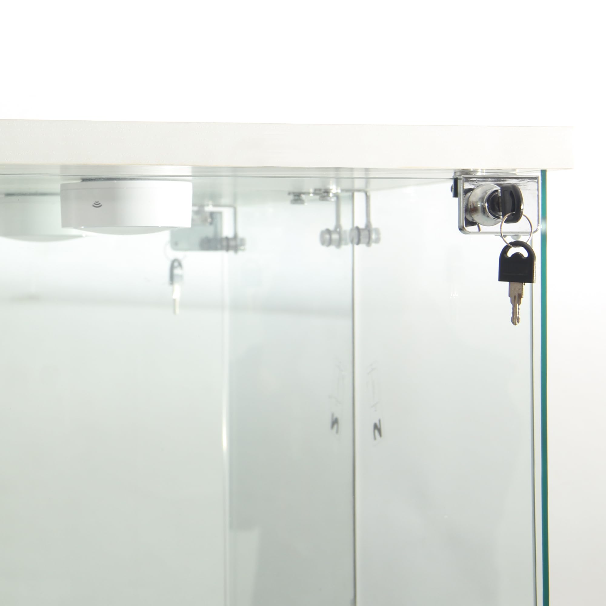 Vitrina de cristal con espejo, vitrina con iluminación LED, cerradura y 1 puerta, 4 compartimentos, vitrina con cristal para coleccionistas, LED para coleccionar (1 puerta)