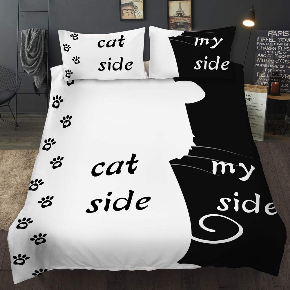 Housse de couette 200x200 noir et blanc motif chat parure lit double