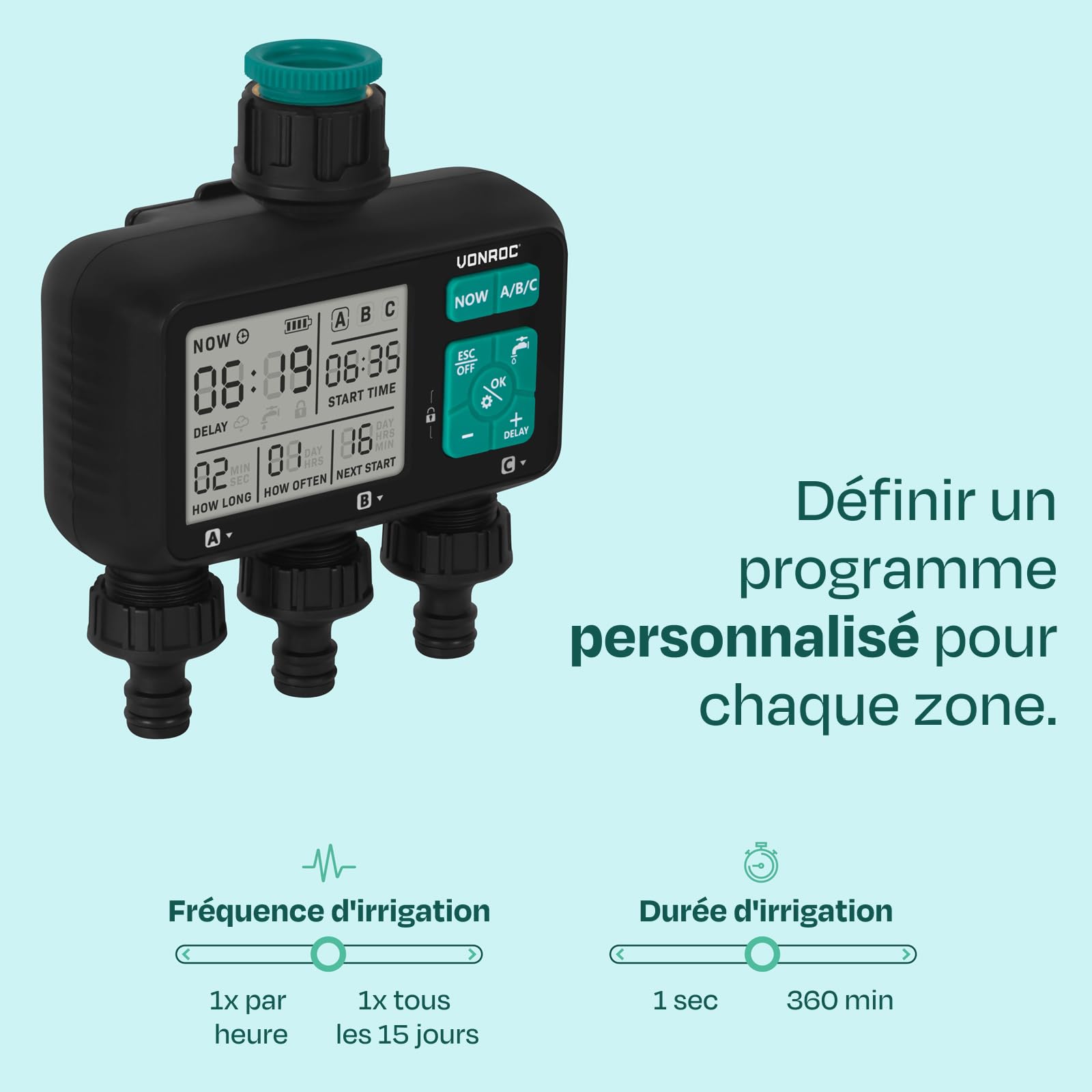 ONROC Minuteur d'eau - Ordinateur d'irrigation - Système d'arrosage Automatique - Intervalle et durée réglables : 1 Heure à 15 Jours/1 Seconde à 99 Min (3 Voies sans système d'irrigation)
