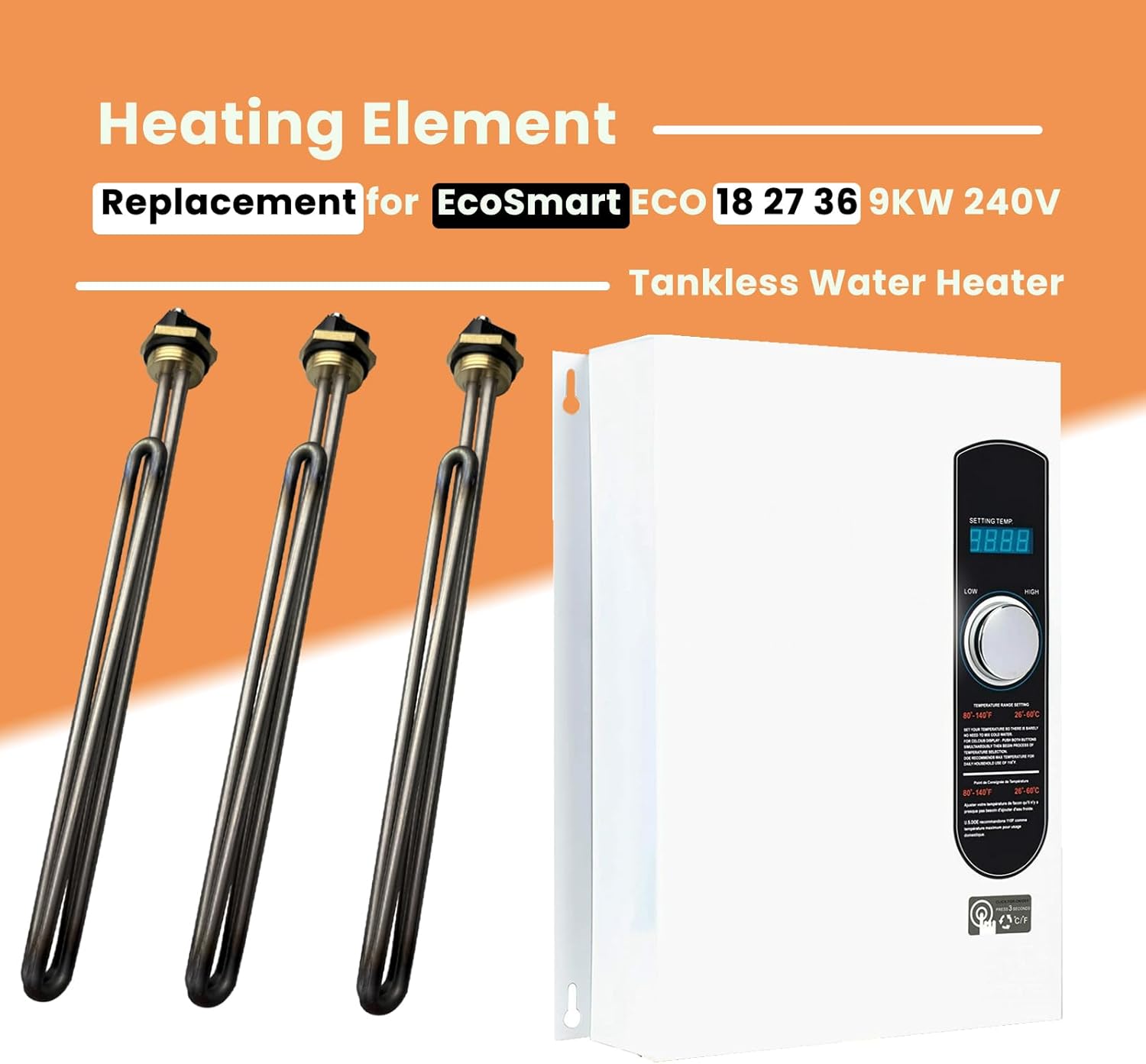 3pcs Titanium HE 90240 Screw-In Water Heater Element Suitable For Eco 27,Eco 36 Tankless Water Heater,9kw 240V Heating Element Replaces He 80240 RC04709024S SGB-2903 HA-P004 (3pcs he90240)