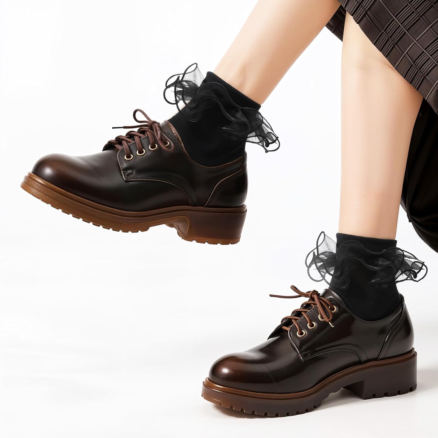 Elegant Black Ruffle Socks for Women, Ankle Double Lace Frilly Crew Socks, Fold Cuff Cotton Ruffled Dress Crew Bobby Bride Sock,1 Pair