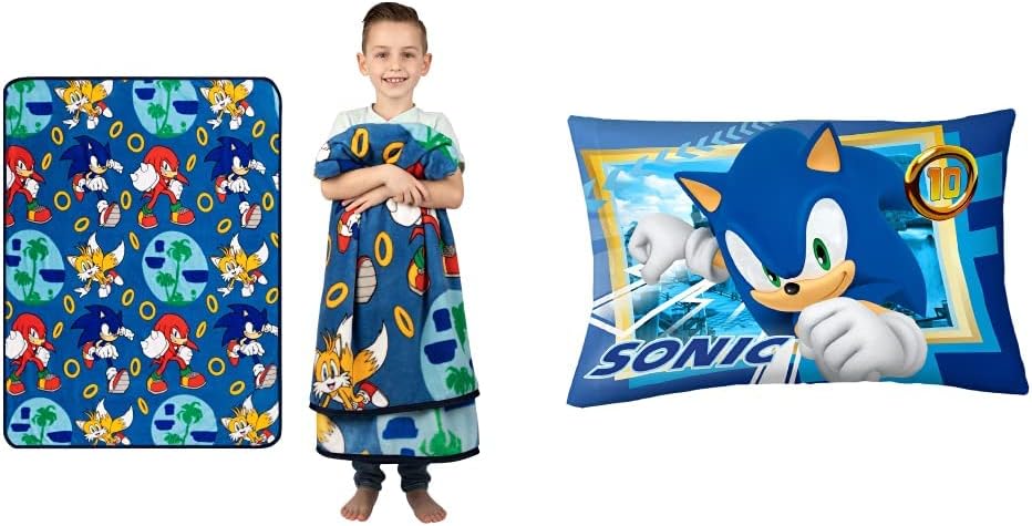 Franco Kids Bedding Super Soft Plush Throw Blanket, 46 in x 60 in, Sonic The Hedgehog, Anime & Kids Bedding Super Soft Microfiber Reversible Pillowcase, 20 in x 30 in, Sonic The Hedgehog