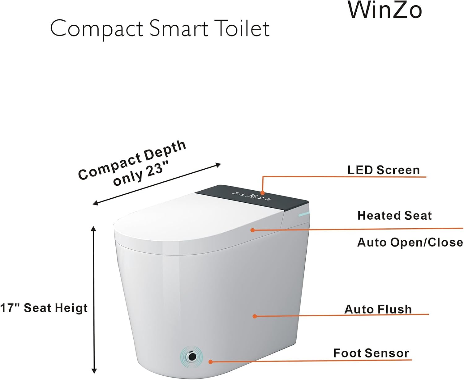 WinZo Compact Round Toilet 23" Depth,Smart Auto Flush Instant Heating and Drying For Small Modern Bathroom 12" Rough-in,White
