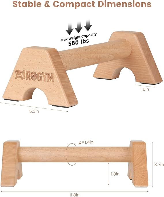 Wooden Push Up Bars for Calisthenics Equipment - Non-Slip Beech Wood Parallettes for Floor Strength Training, Handstand & Home Gym Workout - Support 550 LBS Heavy Duty Pushup Handles Stand