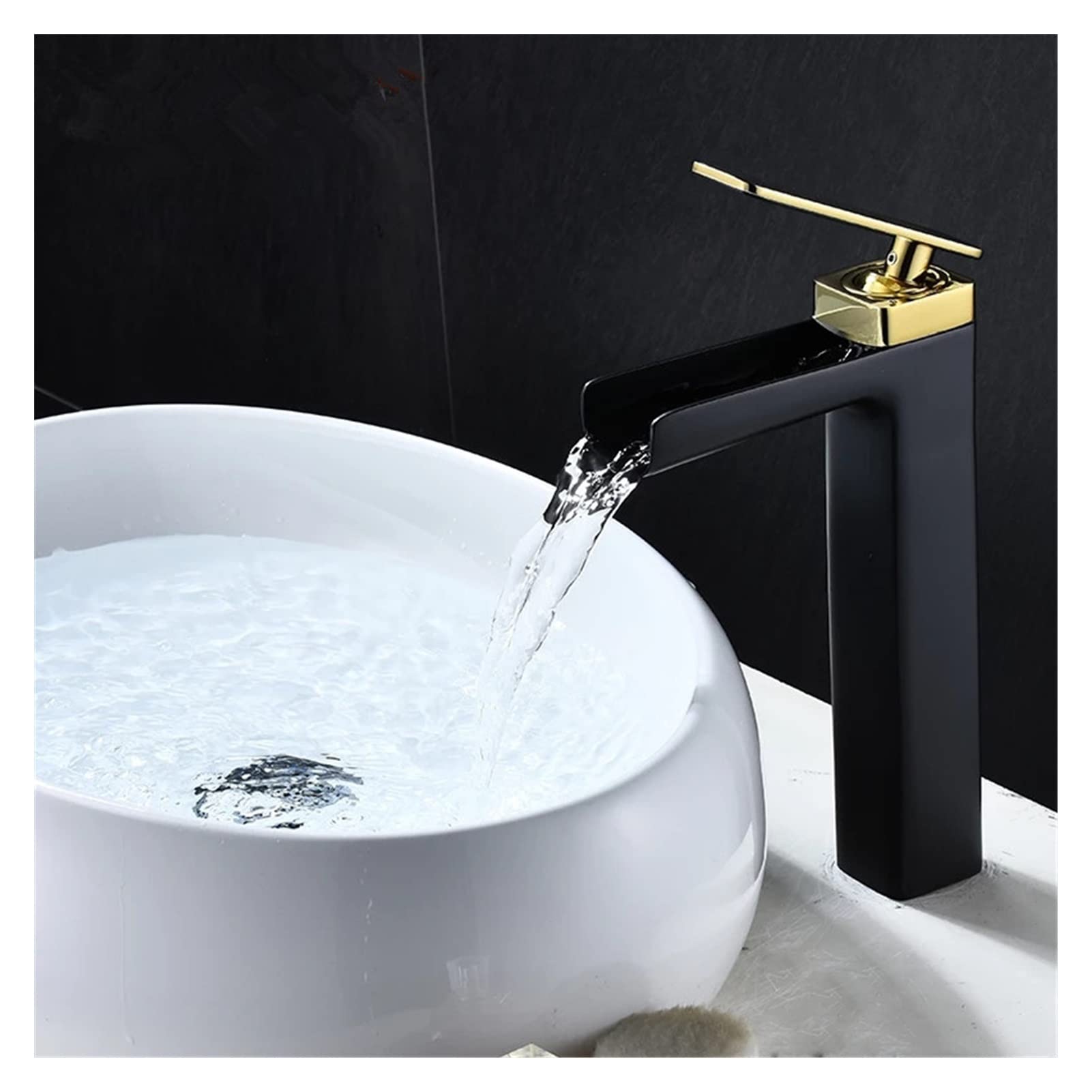 Cudtapi Black Gold Tall Bathroom Faucet Black Gold Basin Faucet Bathroom Mixer Tap White Hot Cold Waterfall(Black Gold Tall)
