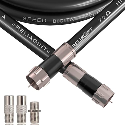 RELIAGINT 30ft TV Cable Wire Black RG6 Coaxial Cable with F Connector, F81 Female Extension Adapter, Low Loss High-Speed Coax Cable Cord Extender for HD TV, Dish, Satellite, Antenna, TV Cable 30'