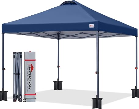 MASTERCANOPY 10x10 Pop Up Canopy Tent, 1 Person Setup Instant Shelter,Outdoor Portable Beach Canopy with Roller Bag, 4 Sandbags, 4 Ropes, 8 Stakes 10x10, Navy Blue