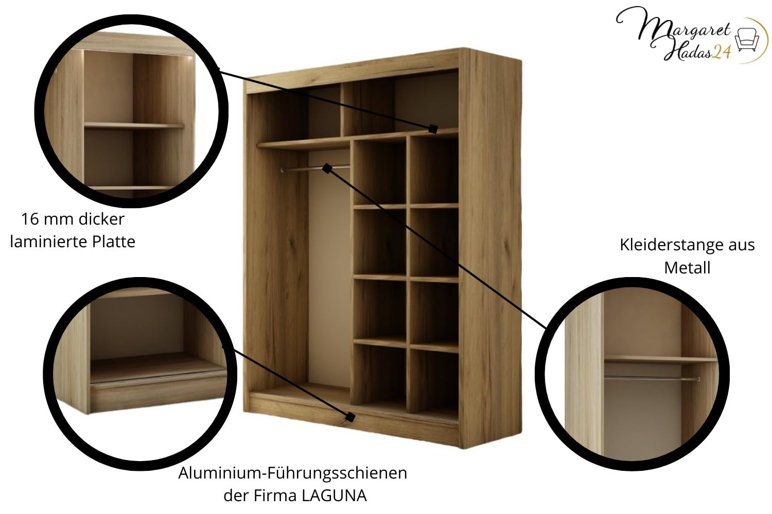 Margaret Hadas24 Kleiderschrank Padwa 150 mit Spiegel, Organizer, Mehrzweckschrank, Schwebetürenschrank, Garderobenschrank, Kleiderstange, Kleiderständer, Flurschrank, Schrank, 2-türig, braun