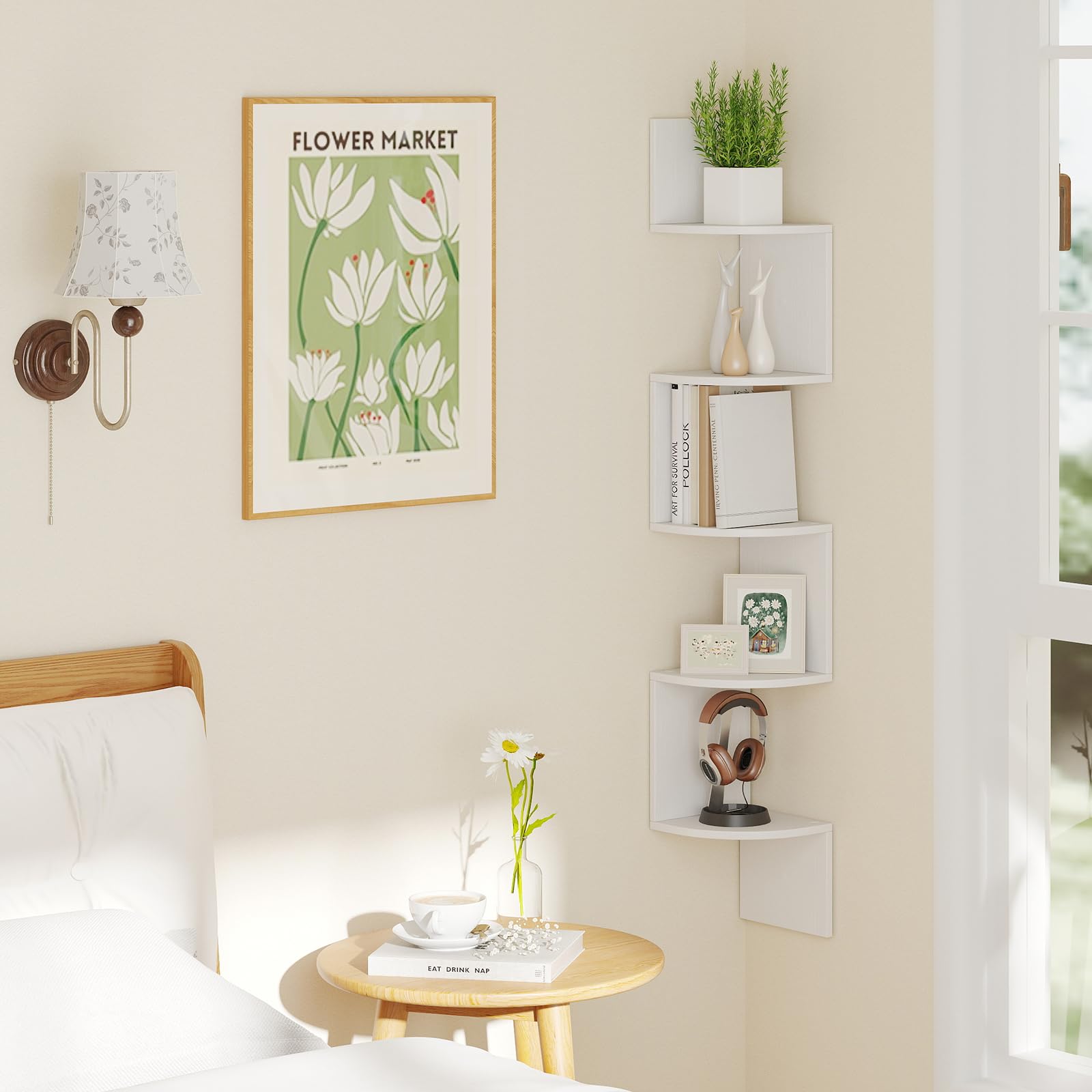 HOMASIS Libreria Angolare da Parete con 5 Ripiani, Scaffale ad Angolo in Legno, Libreria Sospesa Salvaspazio e Aperto per Decorazioni da Soggiorno, Ufficio e Bagno, 20 x 20 x 126 cm (Bianco)