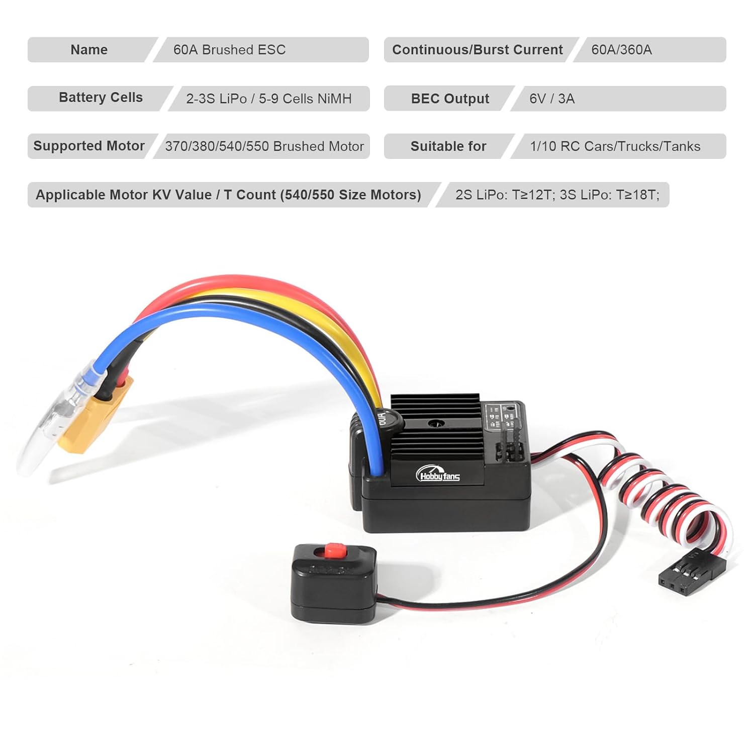 Hobby Fans 550 12T Brushed Motor and 60A Waterproof Brushed ESC Electronic Speed Controller for Axial RC4WD Cross HPI Mist GMADE D90 D110 TF2 SCX10 1/10 Remote Control Car Truck (Black)