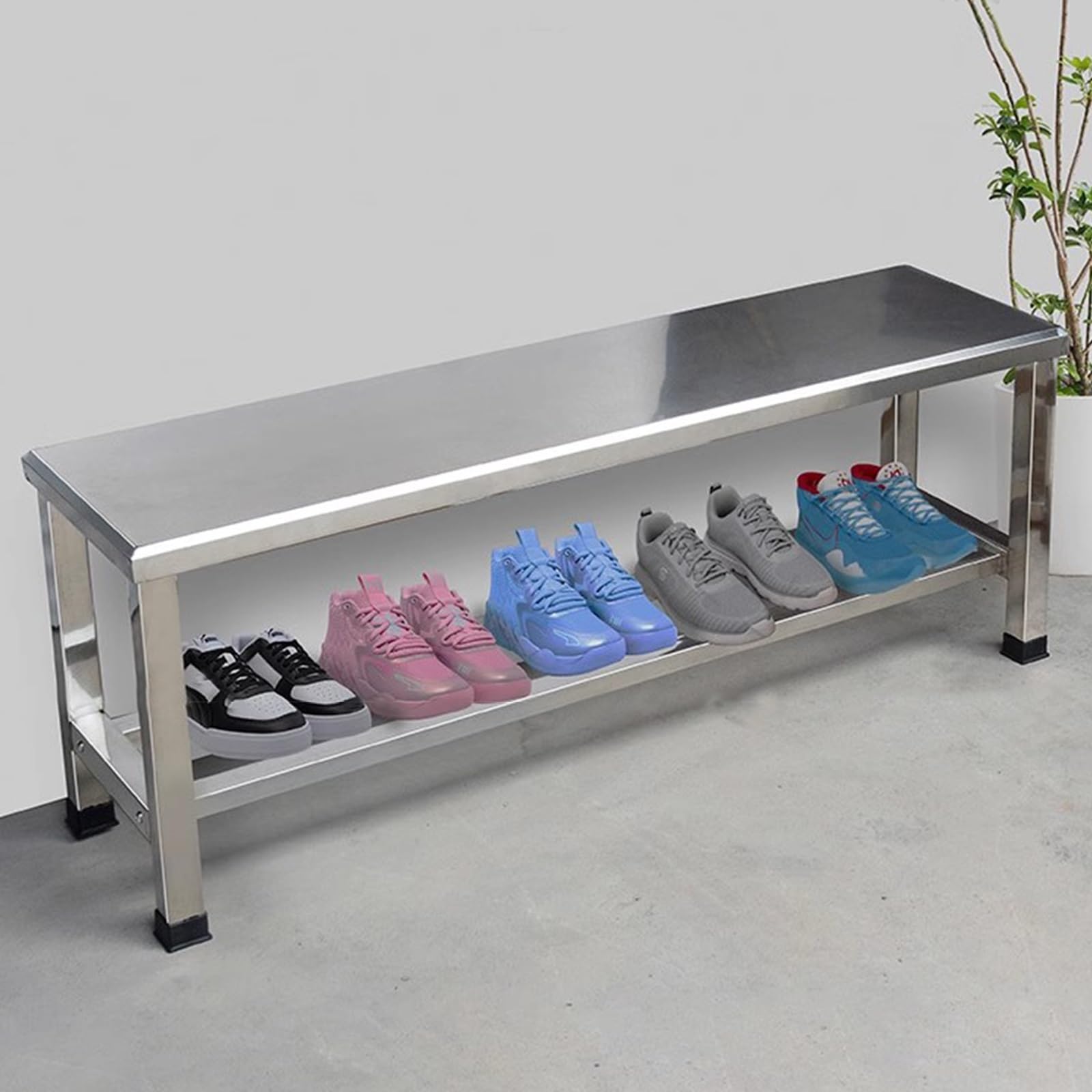 Banco de jardín de acero resistente a la intemperie con estante Sto – Asiento de patio para zapatos y plantas – perfecto para par y terrazas (80 x 35 x 45 cm)