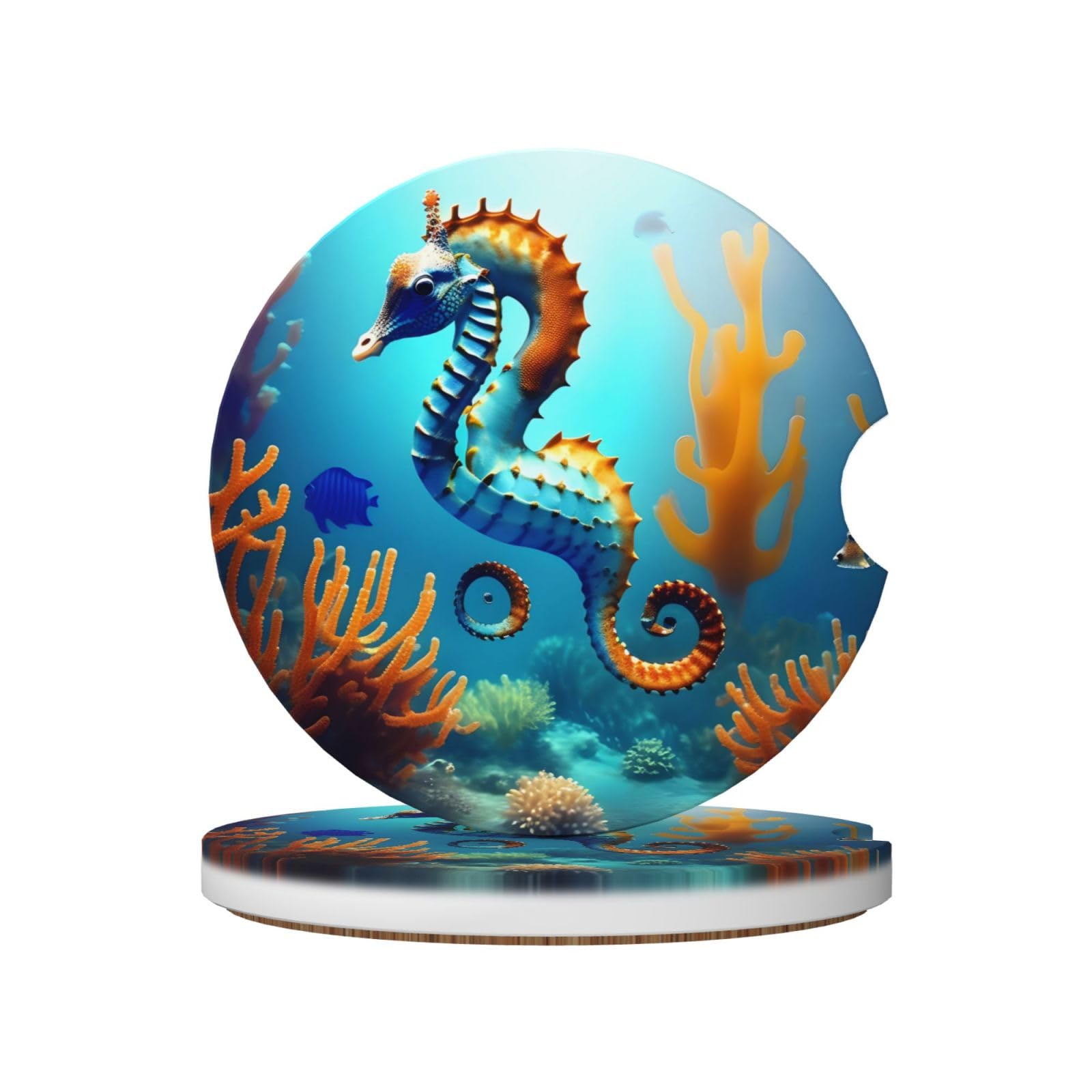2-Piece Car Cup Holder Coaster Set Seabed Coral Seahorse Printed Ceramic Coaster Set Car Interior Accessories