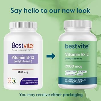 BESTVITE فيتامين B12 ( ميثيل كوبالامين ) 2000mcg ( 240 كبسولات نباتية ) ( ميثيل B12 ) - لا ستيرات - نباتي - غير معدّل وراثيًا - خالٍ من الغلوتين