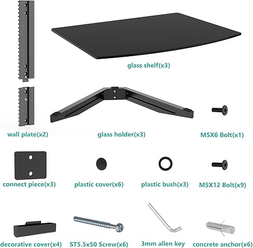 Miniatura 5 de WALI Estantes flotantes para centro de entretenimiento, soporta hasta 7.98 kg, estante de TV con vidrios templados reforzados para reproductores de
