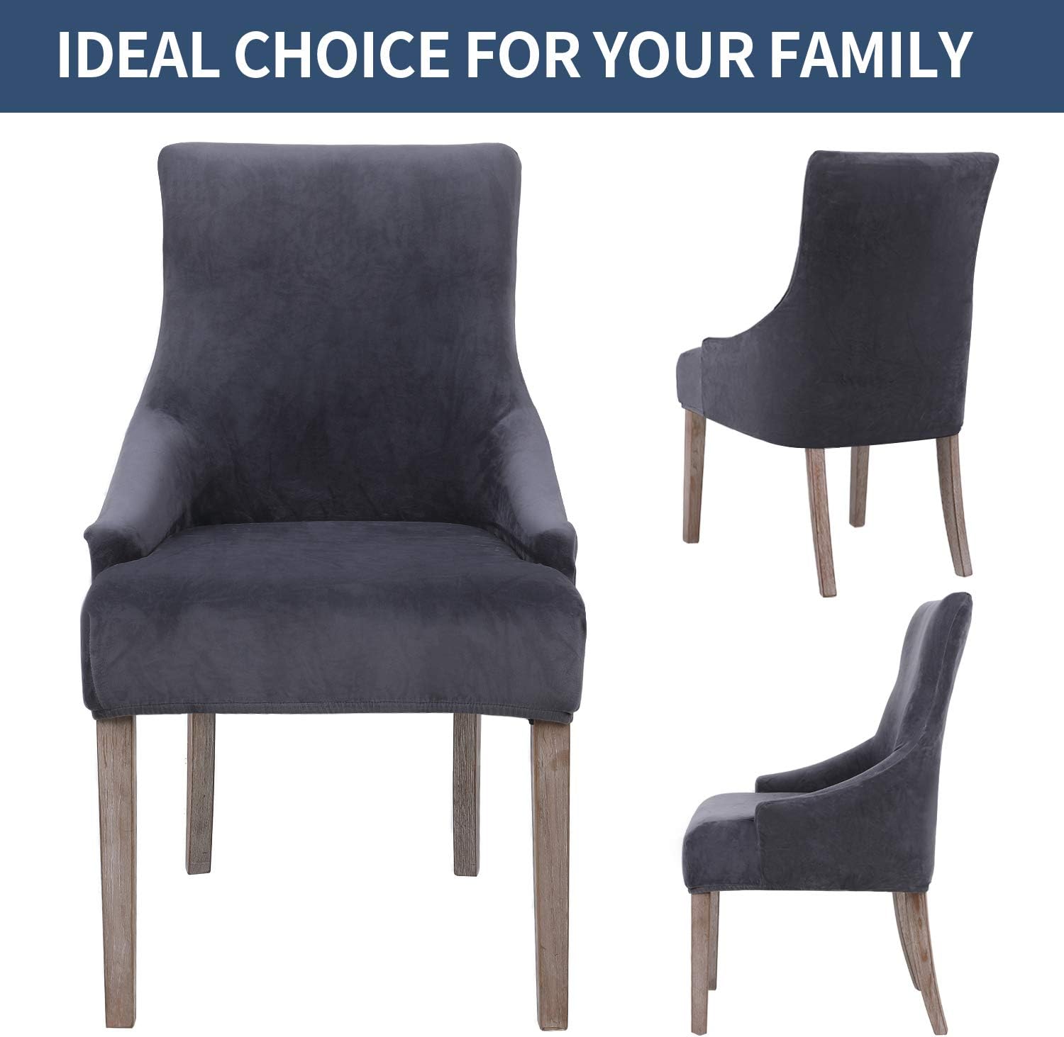 smiry Velvet Tufted Dining Chair Covers, Stretch Fit Wingback Side Chair Slipcovers, Removable Washable Soft Spandex Chair Protector Cover, Set of 4, Dark Grey
