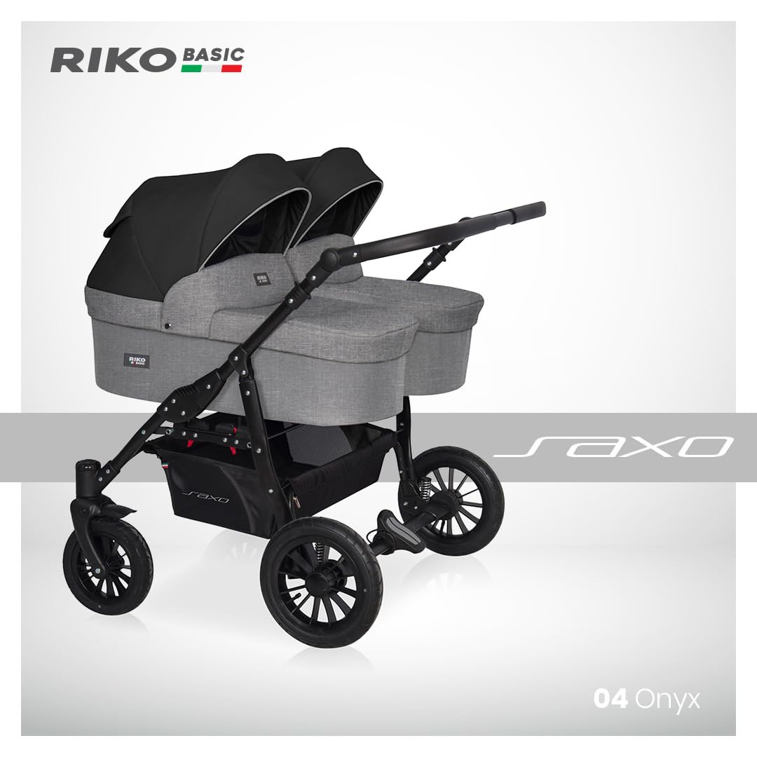 Riko Basic kinderwagen 2 in 1 SAXO für Zwillinge – 2 baby Gondeln – kinderwagen für 2 kinder – Ventilatoren und Verdeck – geräumiger Korb und Tasche – Zentralbremse – Onyx