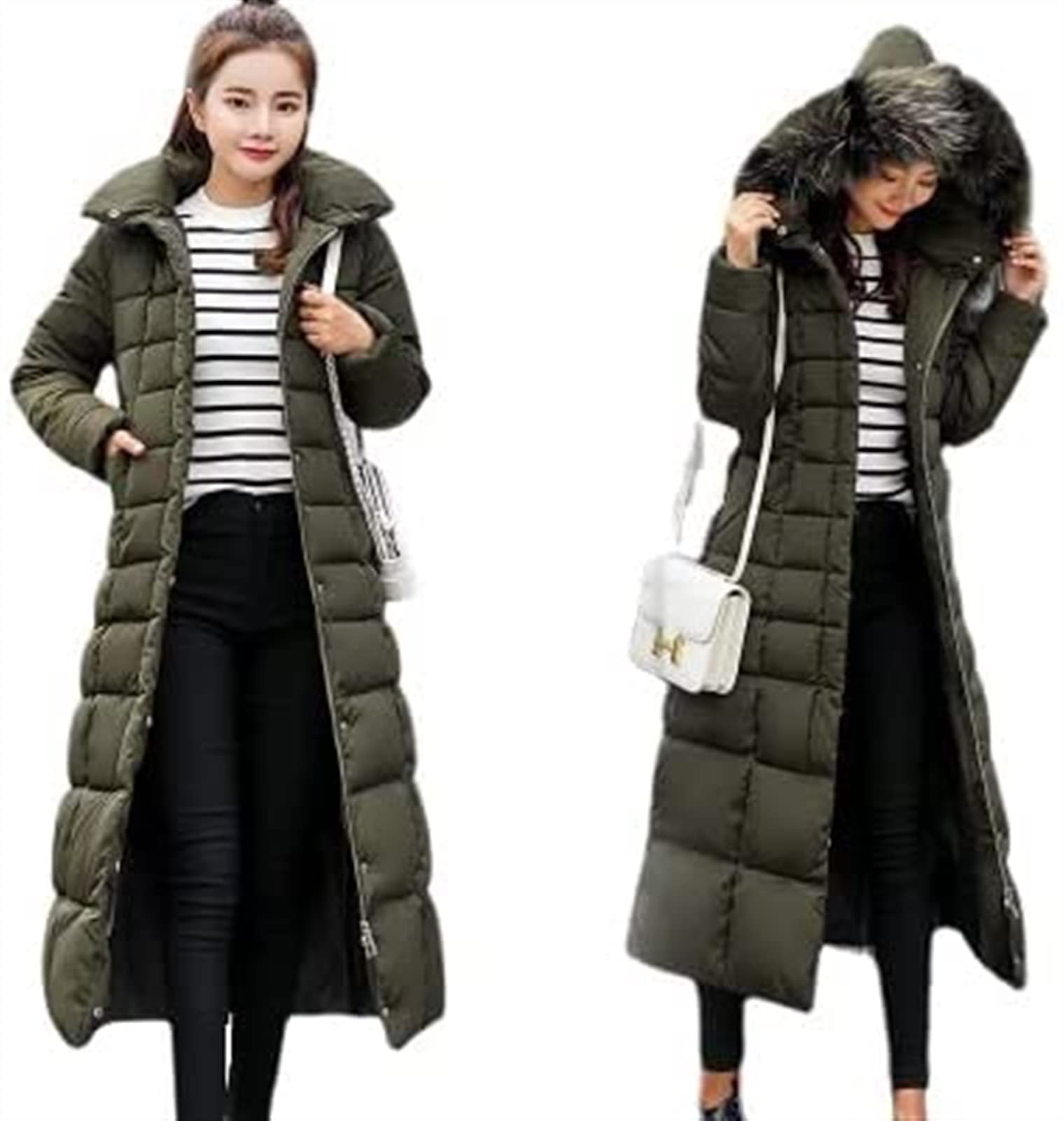 PoJuWomen's Long Puffer Coat Winter Down Coat with Hood Long Sleeve Full-Zip Warm Down Parka Puffer Jacket (Color : ArmyGreen, Size : Medium)