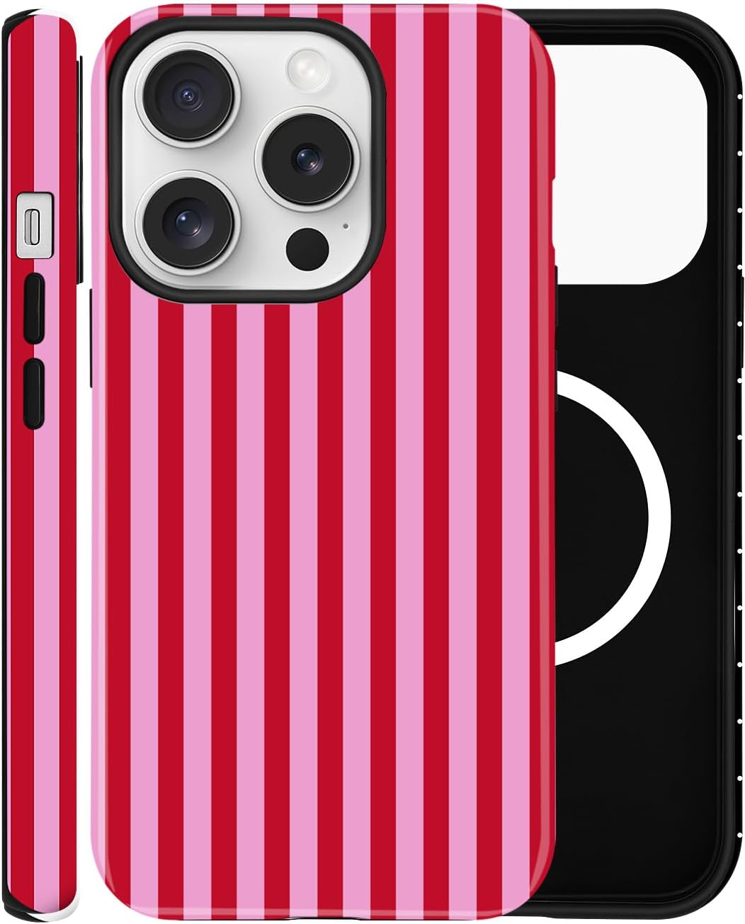 Magnetic Case for iPhone 15 Pro Max, Compatible with MagSafe, Aesthetic Striped Cute Design for Women, Hybrid 2-Layer Hard Shell Phone Cover, Hot Pink Red iPhone 15 Pro Max