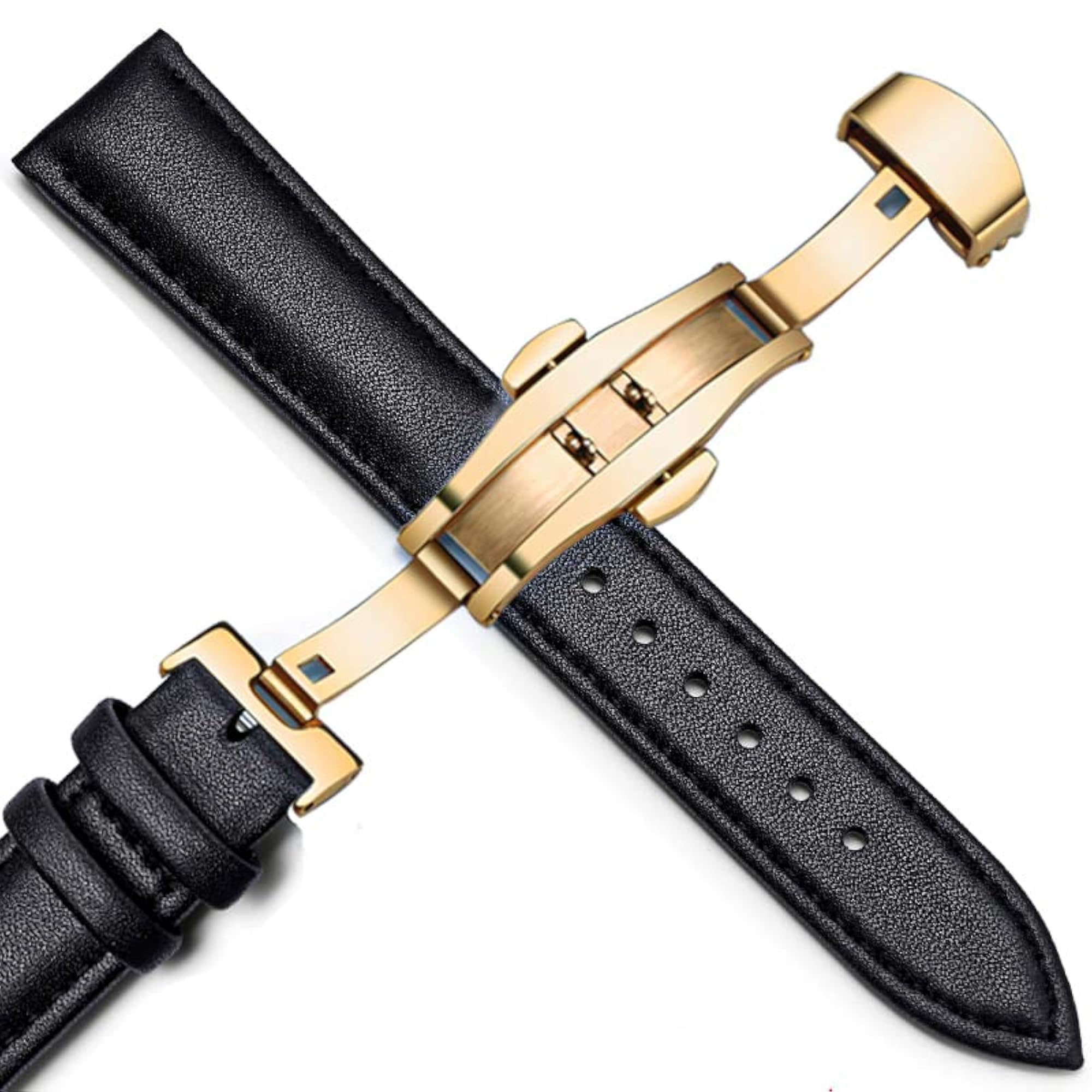 Genuine Leather Butterfly Deployment Clasp Watch Band Strap