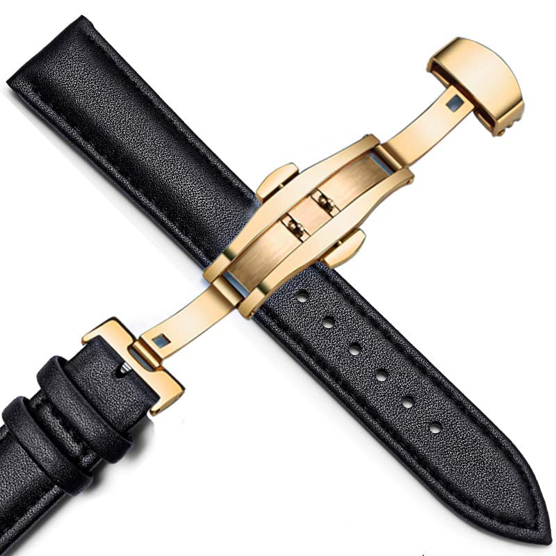 Image of 18mm 19mm 20mm 21mm 22mm 23mm 24mm Genuine Leather Butterfly Deployment Clasp Buckle Watch Band Strap Black Dark Brown TAN Blue Rose Black Gold White