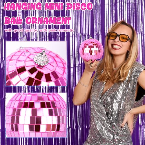 YCCOKJJ Discokugel Deko 41Pcs Spiegelkugel Rosa mit Hängendem Seil, 4 Größen Ø4, 3, 2, 1.2 Zoll, Reflective Mini Disco Spiegel Ball Hängekugel Spiegelkugel für Weihnachtsbaum Home Party Bar Dekoration