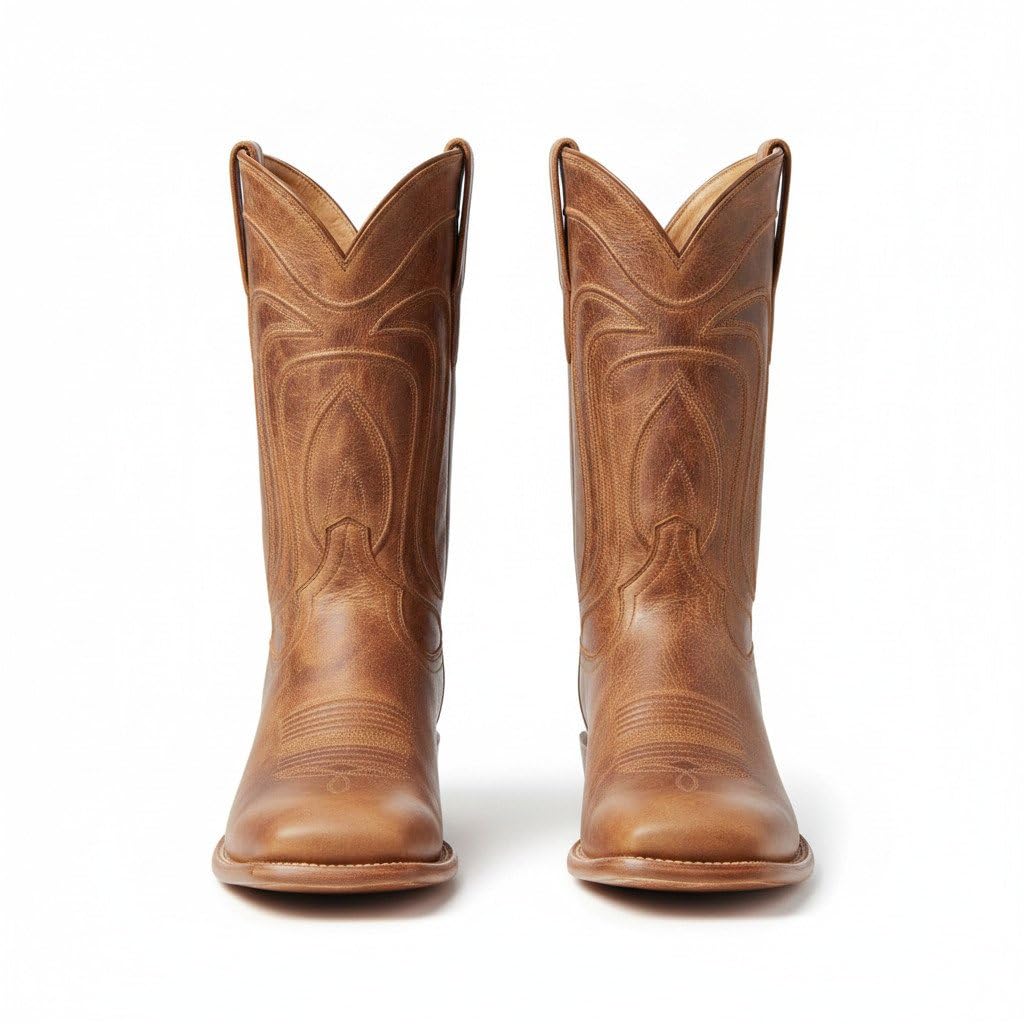 Men's Tan Brown Western Cowboy Boots | Premium Handmade Leather Pull-On Boots | Embroidered Mid-Calf Riding Boots for Casual, Party & Outdoor Wear-image-29