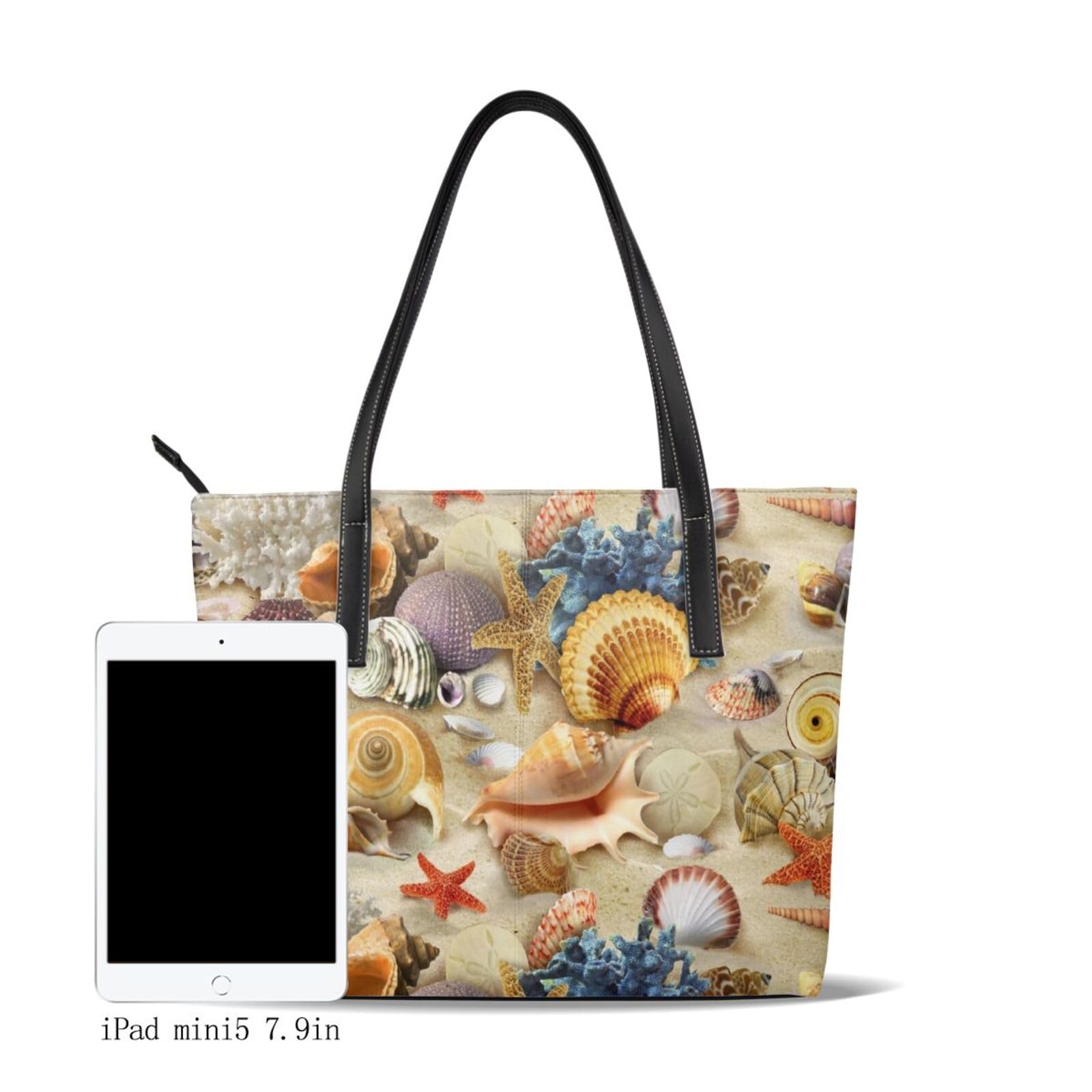 Patrón de conchas de playa,Bolso de mano de piel sintética, bolso tote de gran capacidad, bolso de hombro para mujer, ideal para el trabajo y los viajes.