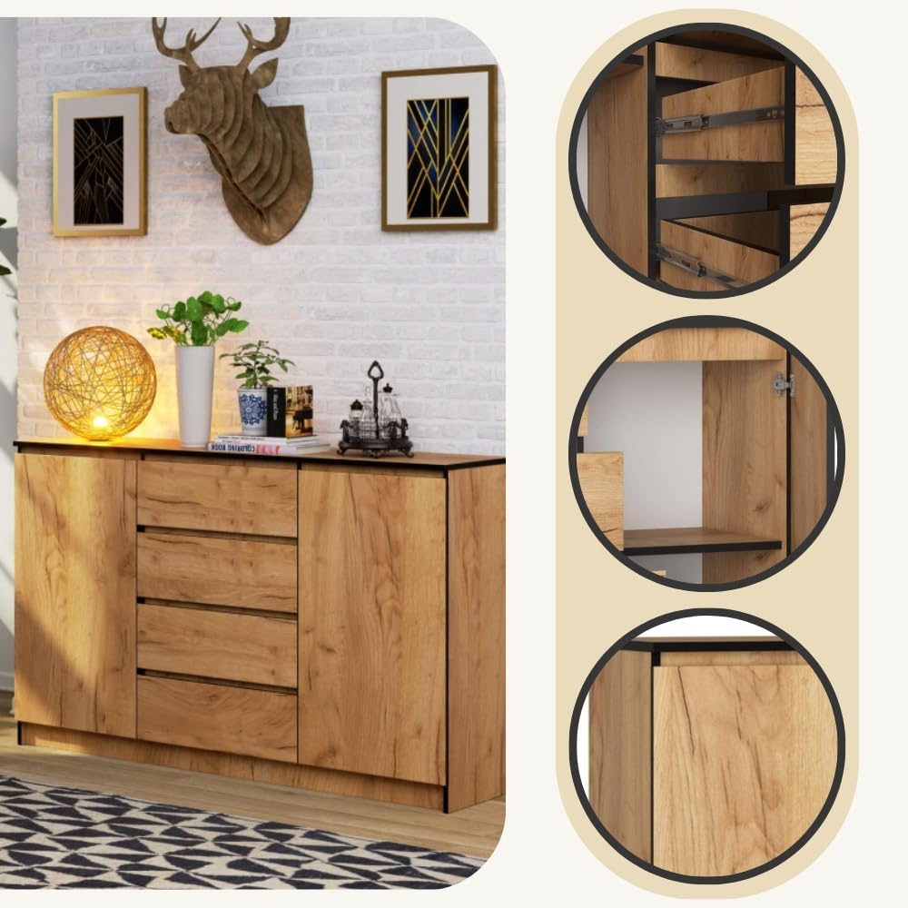 AKORD Kommode K 160 cm | 4 Schubladen und 2 Türen | für Wohnzimmer Schlafzimmer Schrank Wohnzimmer | Modernes Funktionelles Design | Schichtstoffplatte 16mm | Handwerk Eiche