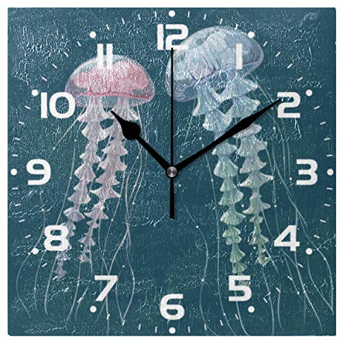 Naanle Jellyfish Ocean - Reloj de Pared Redondo, diseño de Medusas silencioso, sin tictac, Funciona con Pilas, para decoración del hogar, Oficina, Escuela, Multicolor, Square (7.9 x 7.9 in)