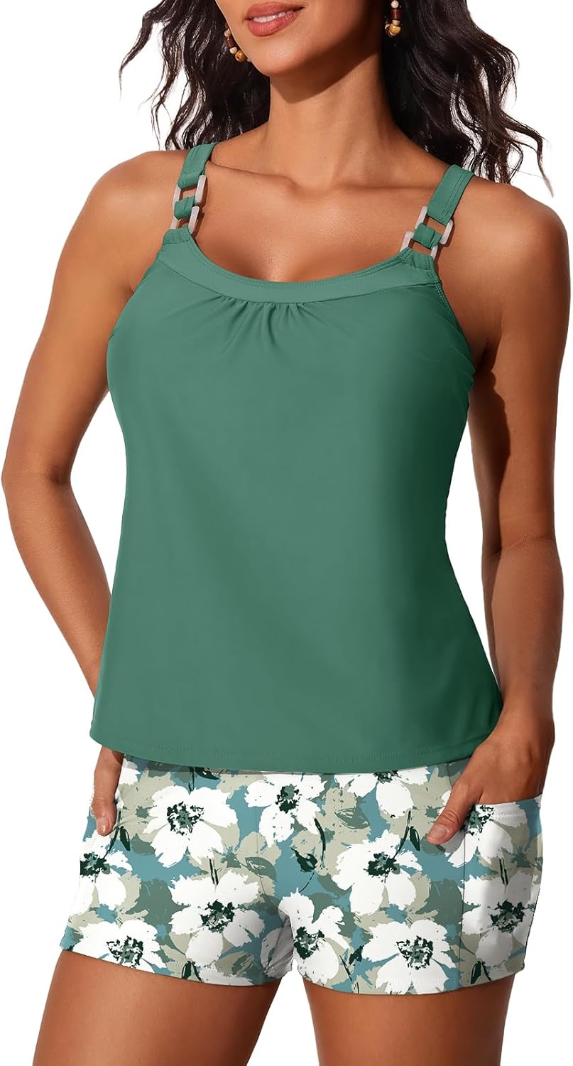 Summer Mae Women's Tankini Swimsuits 2 Piece Tummy Control Bathing Suit with Pocket Shorts Ring Linked 2025 Swimwear