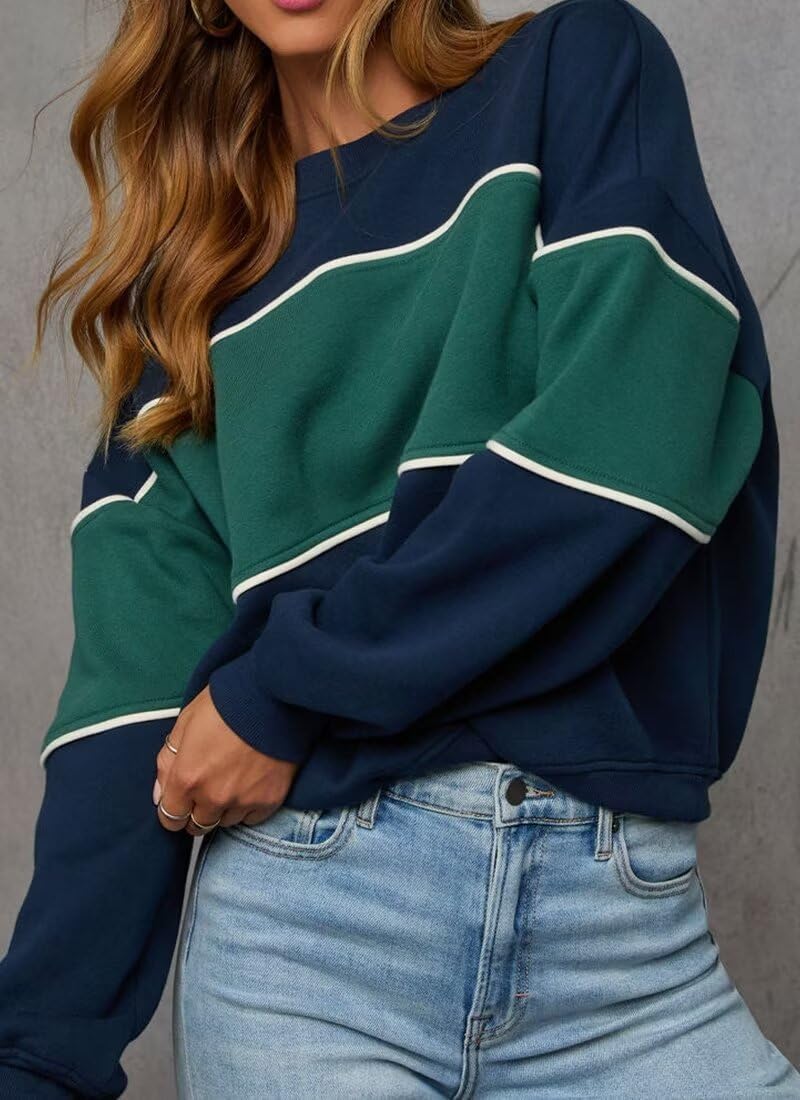 LEEDYA Womens Long Sleeve Sweatshirts Oversized Crewneck Color Block Pullover Top Casual Lightweight Blouse Tops - Image 2