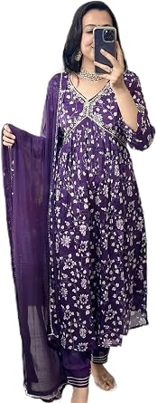 Womens Floral Print Anarkali Dress Set, 3-Piece Suit with Dupatta and Pants, Purple