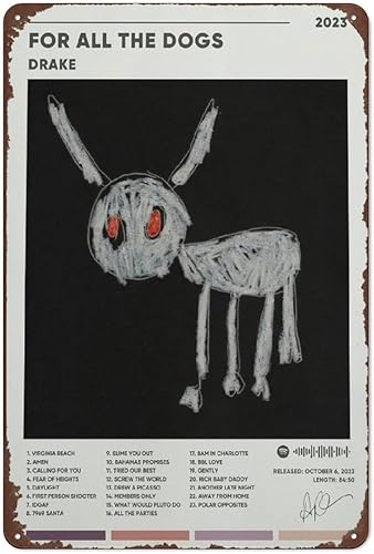 Cartel de metal de hojalata Drake para todos los perros, rapero de música, hogar, cocina, bar, habitación, garaje, decoración, 8 x 12 pulgadas