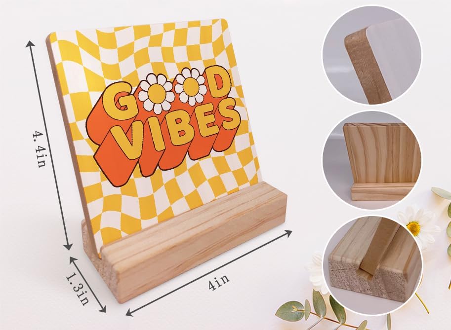 Miniatura 5 de Groovy Good Vibes Retro 70s Hippie Daisy Flower Distorted Placa de madera a cuadros con soporte de madera, placa de madera inspiradora de