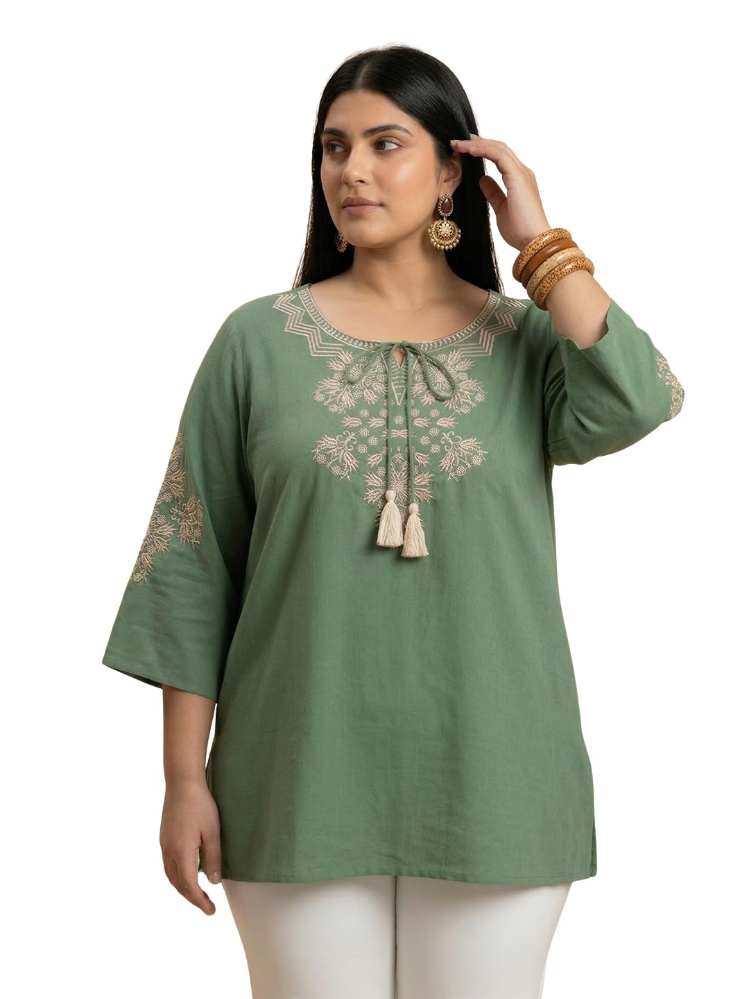 Gloplus Women Green Floral Embroidered Yoke Round Neck Tie-Up Detail Plus Size Tunic-image-24