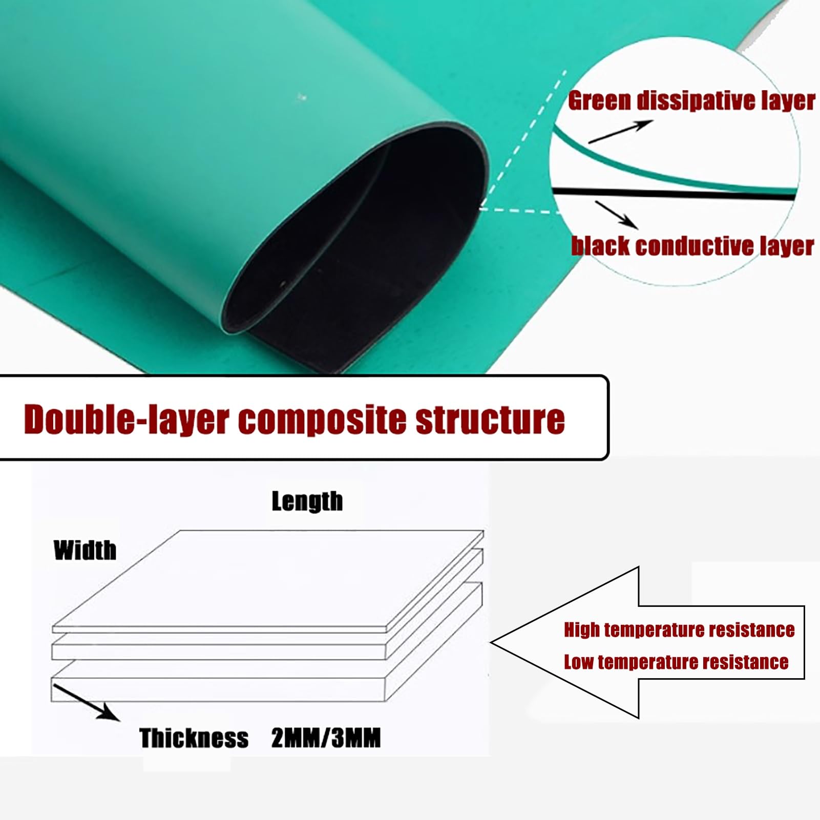 Tappetino antistatico resistente alle alte temperature, tappetino per banco da lavoro in gomma PVC resistente per riparazione di apparecchiature elettroniche, spessore 2 mm, 150 x 500 cm