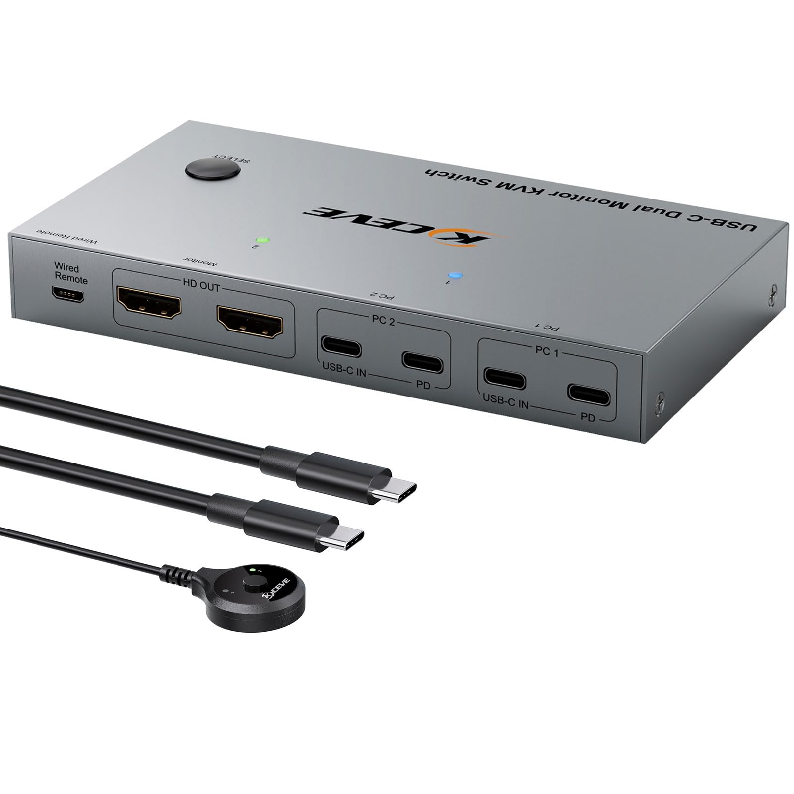 KCEVE Switch KVM 2 Monitor 2 Laptop USB C, Switch KVM Dual Monitor HDMI 4K@60Hz per 2 Laptop Condividi 4 dispositivi USB 3.0 con PD da 80W, con 2 cavi USB-C e telecomando cablato