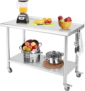 Stainless Steel Prep Table 36" x 24", NSF Commercial Kitchen Prep Table with Backsplash, Adjustable Undershelf, 5 Hooks and Wheels, Heavy Duty Workbench Workstation for Home Kitchen Restaur