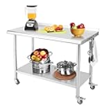 GarveeTech NSF Commercial Stainless Steel Prep Table 48 in x 24 in, Work Table with Adjustable Undershelf, 5 Hooks and Wheels, Heavy Duty Workbench Workstation for Home Kitchen Restaurant Outdoor