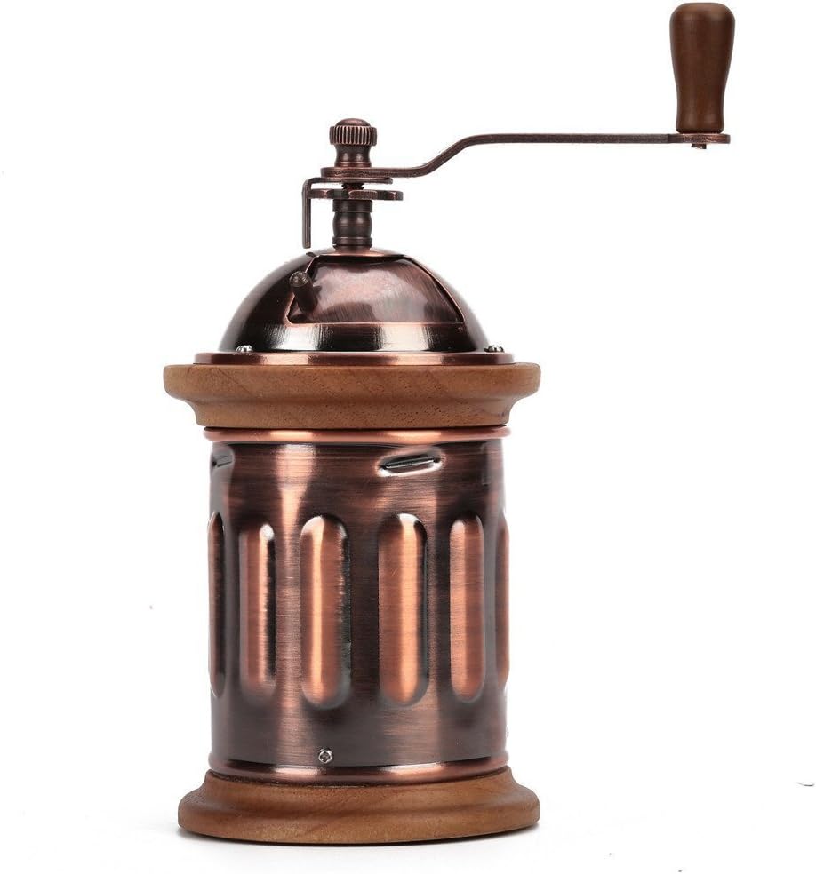 3E Home 23-2100 Hand Crank Manual Stainless Steel Burr Coffee Grinder Mill, Antique Copper Body with Solid Wood Trim, 9cm x 9cm x 22cm, Brown