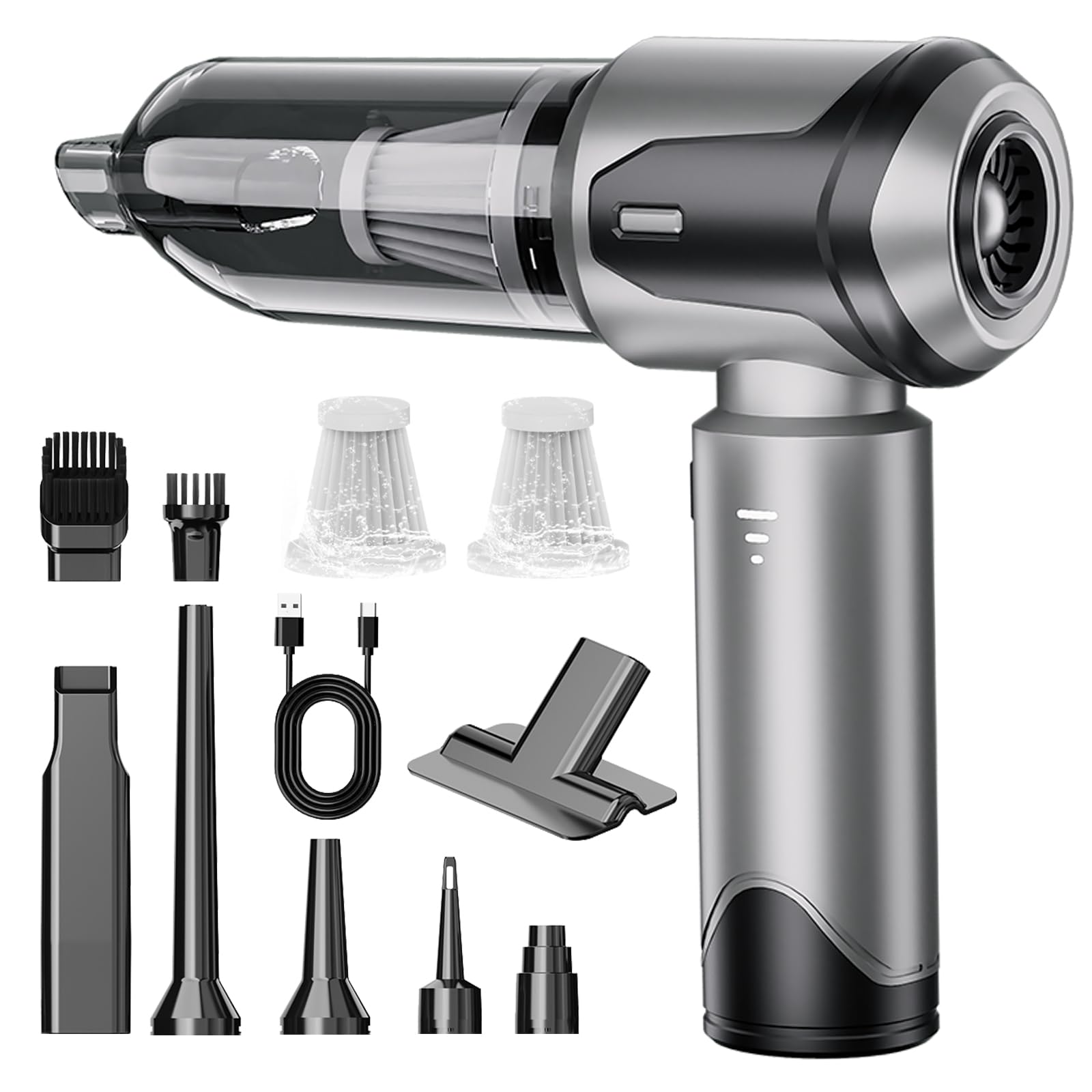 Syluxion Handheld Vacuum Cleaner, 27000Pa Car Vacuum Cleaner Cordless with Powerful Suction, 3-Speed Rechargeable Brushless Motor, 4-in-1 Portable Car Hoovers for Car, Home, Pet & Office – Silver