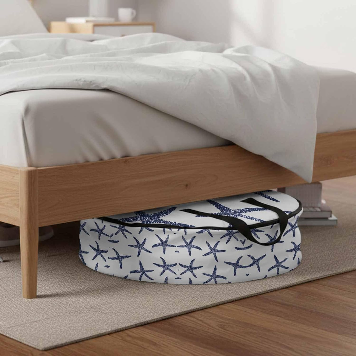 Starfish Round Storage Bag 36 Inch, Ocean Coastal Blue Clothes Storage Container with Handles Heavy Duty Organizer for Comforter, Bedding & Holiday Wreaths