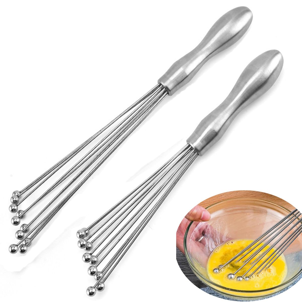 Leadigol 2Pcs Stainless Steel Ball Whisk Egg Beater,10-Inch and 12-Inch Manual Mixer Egg Whisk Kitchen Cooking Manual Mixer Mini Ball Whisk,for Sauces Cream Blending Whisking