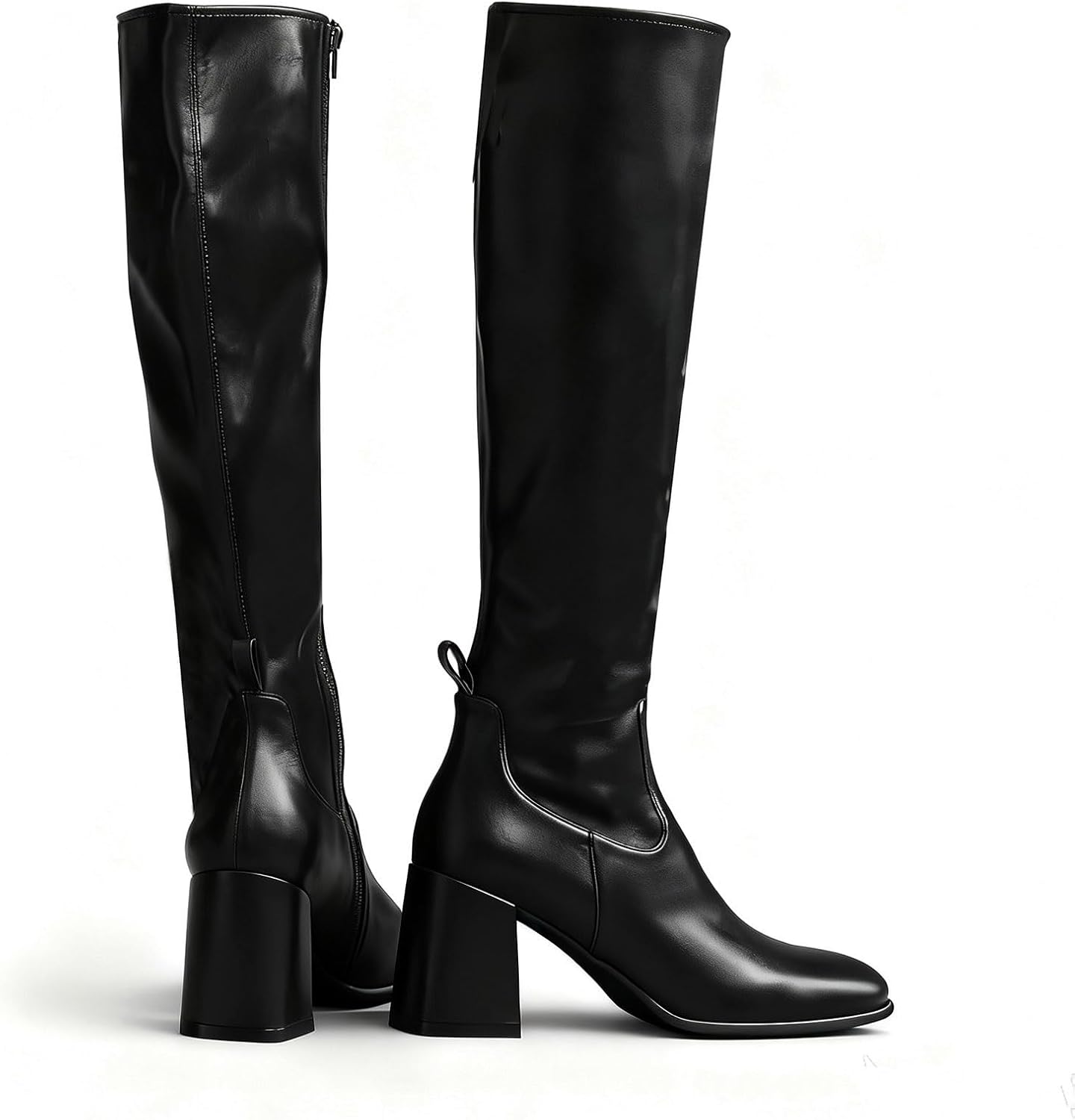 RJYLP Womens Black Knee High Boots Square Toe Chunky Heel Tall Boots Fashion Party Wide Calf Long Boots with Side Zipper - Image 6