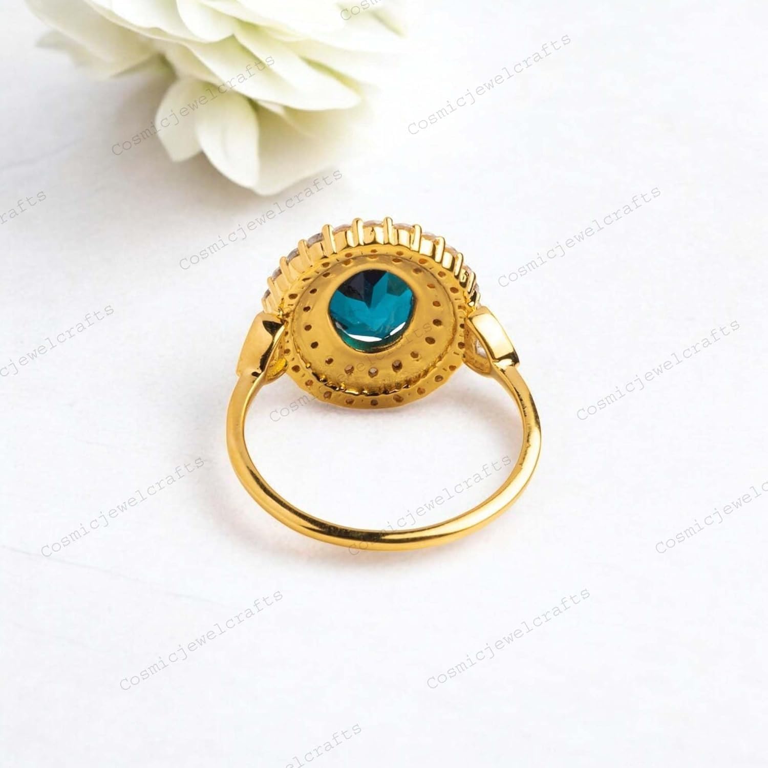 London Blue Topaz Halo Engagement Ring 14K Yellow Gold Pearl Daphne Design November Birthstone Gift Custom Diamond Jewelry for Women