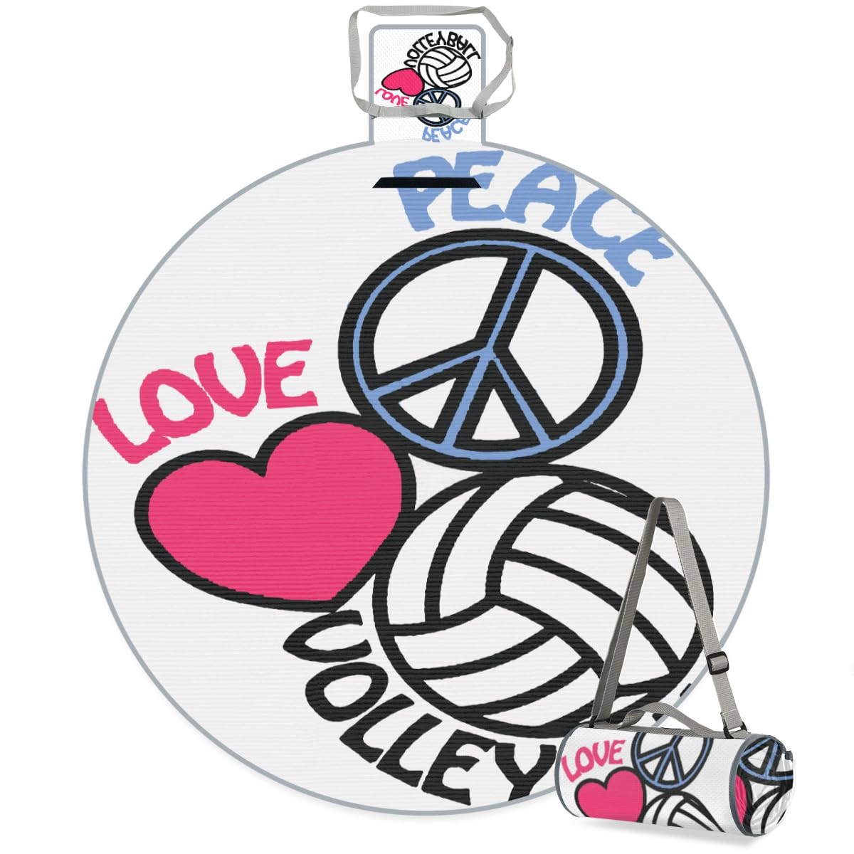 Shimoshe Love Peace Volleyball Picnic Outdoor Blanket Foldable Waterproof Sandproof Beach Blanket Portable Water-Resistant Round Picnic Mat for Travel Camping Park Lawn