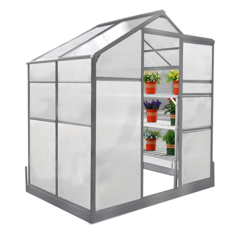 Monstershop Szklarnia 1,8 m x 1,2 m z dnem i regałem, aluminium, szklarnia ogrodowa, hybrydowa, szklana płyta PC wraz z fundamentem
