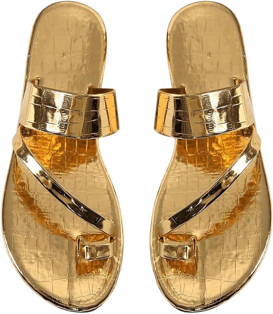 OYOANGLE Women’s Metallic Leather Toe Ring Slide Sandals Comfortable Dressy Slip on Flat Sandal